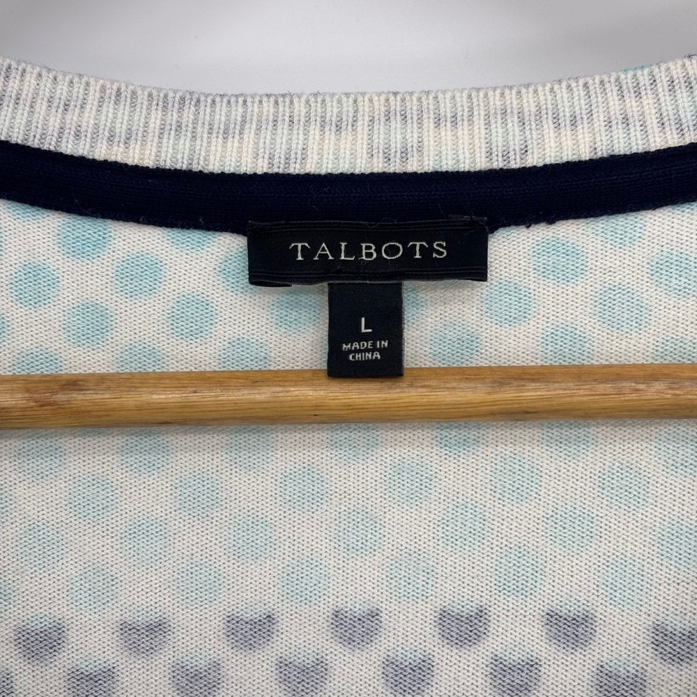 Talbots Women Cardigan Sweater Navy Teal Polka Dot Stripe Button Up Size Large - Picture 5 of 8